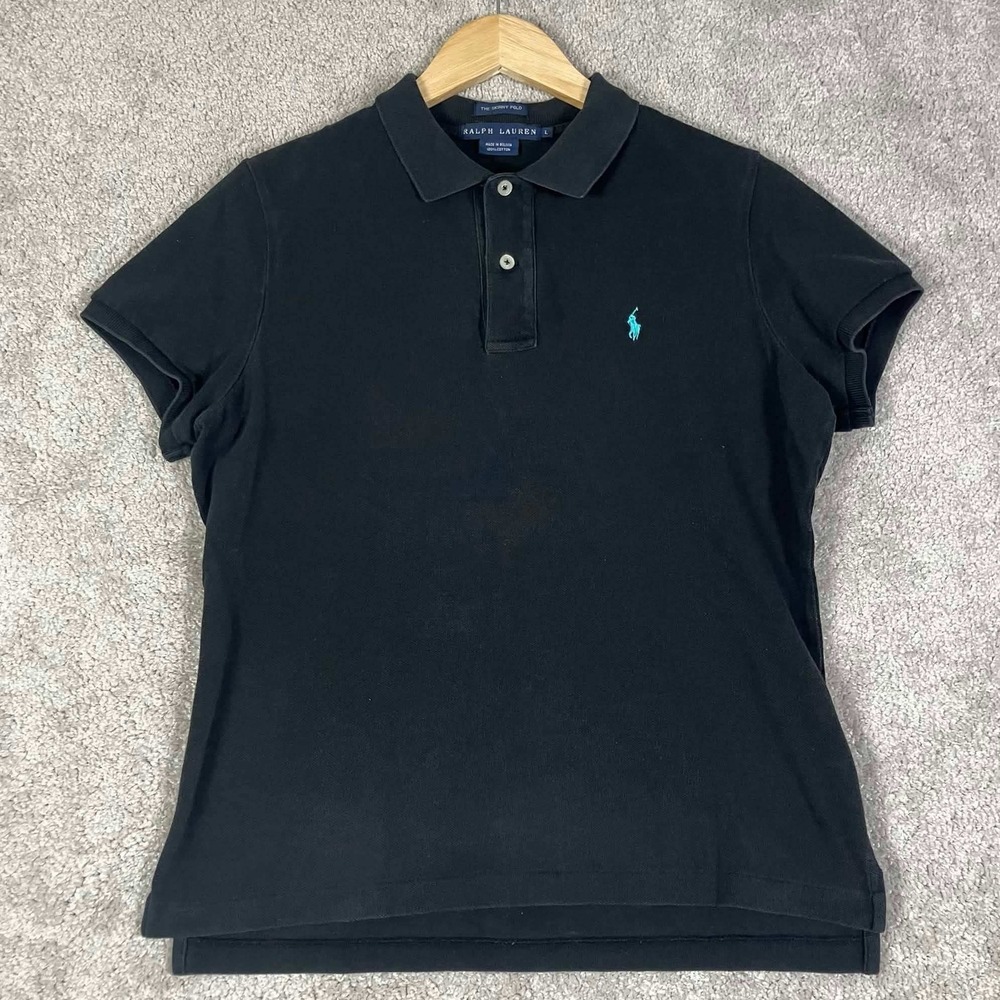 Ralph Lauren The Skinny Polo Shirt Womens Large Black Teal Pony Logo